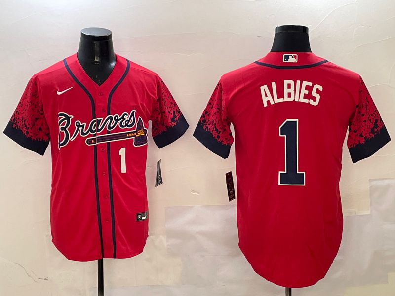 Men Atlanta Braves 1 Albies Red Fashion Game 2025 Nike MLB Jersey style 2